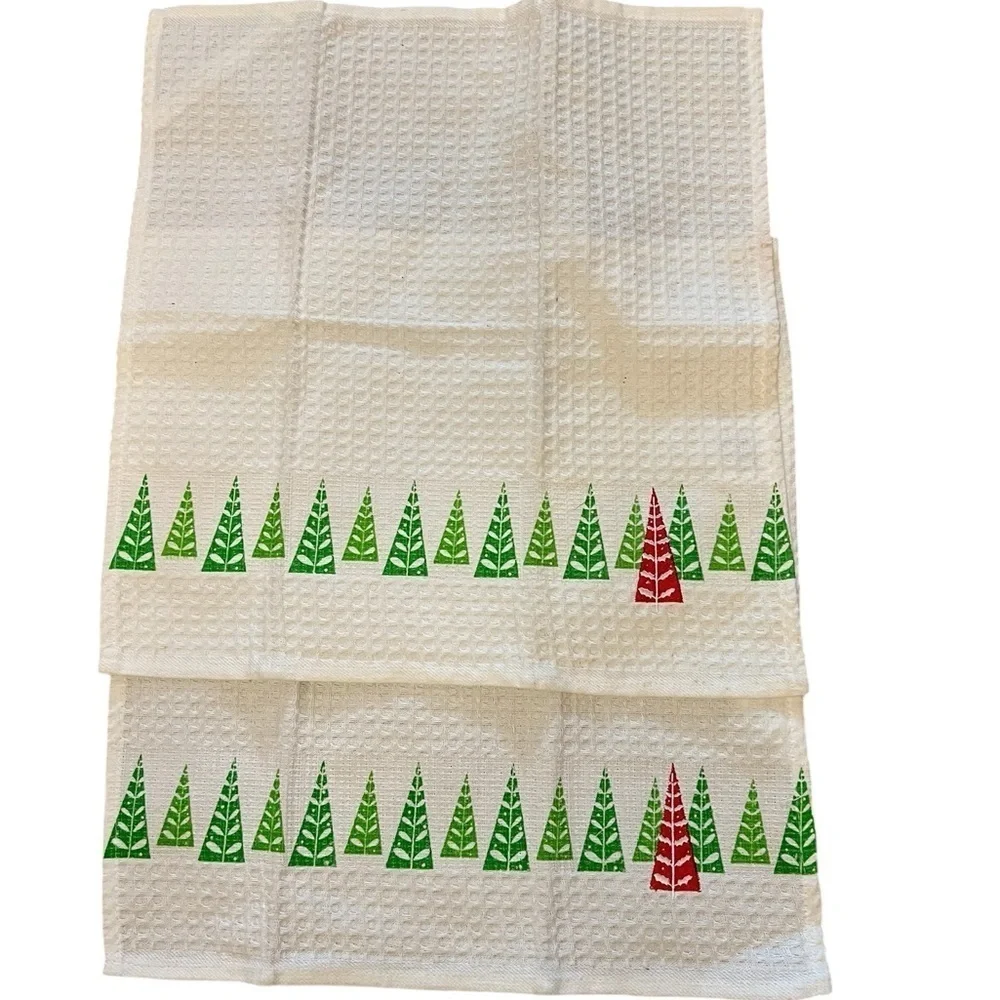 NWOT Two Crate & Barrel Tannenbaum Christmas Tree / Holiday Waffle Dish Cloths